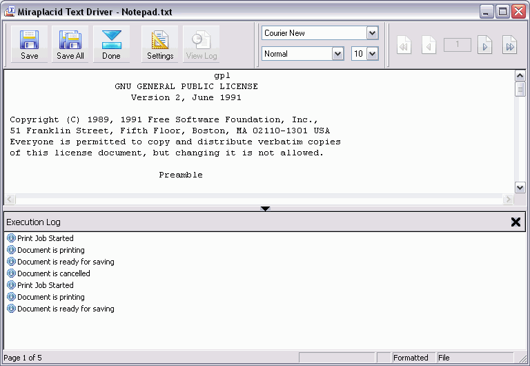 Miraplacid Text Driver Log Window