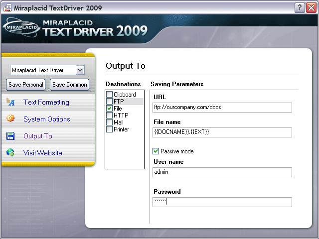 Miraplacid Text Driver Output To: FTP