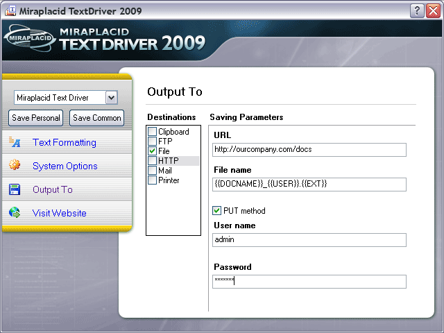 Miraplacid Text Driver Output To: FTP