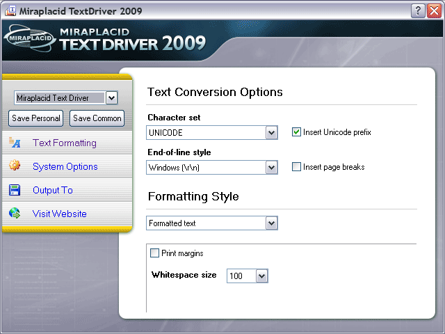 Miraplacid Text Driver Text Formatting Settings