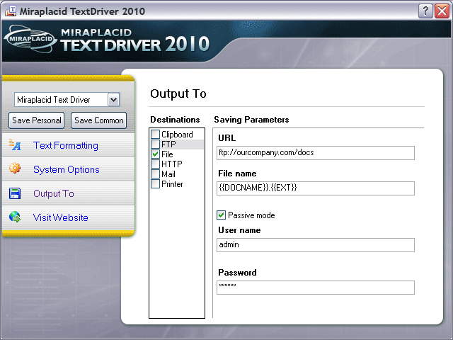 Miraplacid Text Driver Output To: FTP