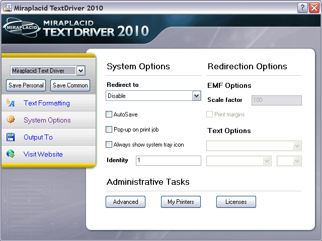 Miraplacid Text Driver System Settings