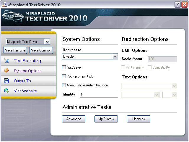 Miraplacid Text Driver System Settings