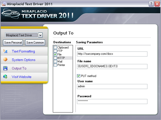 Miraplacid Text Driver Output To: HTTP