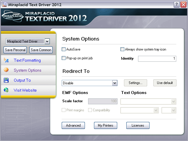 Miraplacid Text Driver System Settings