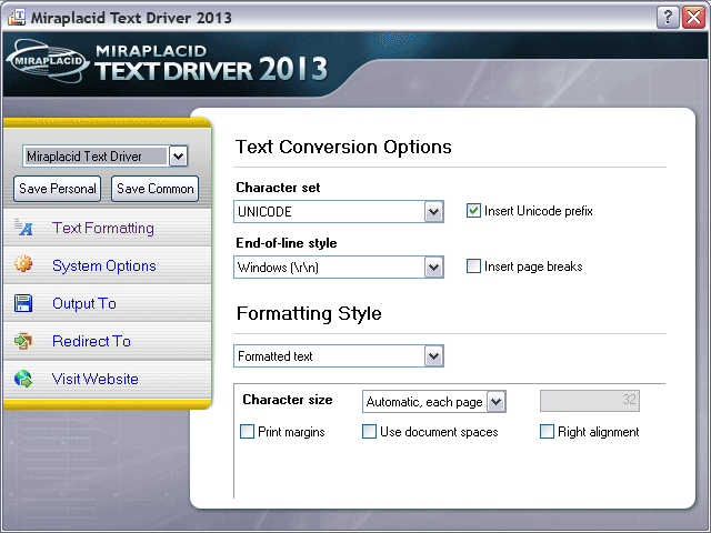 Miraplacid Text Driver Text Formatting Settings