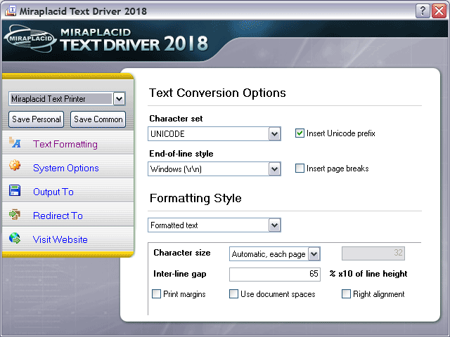 Miraplacid Text Driver Text Formatting Settings