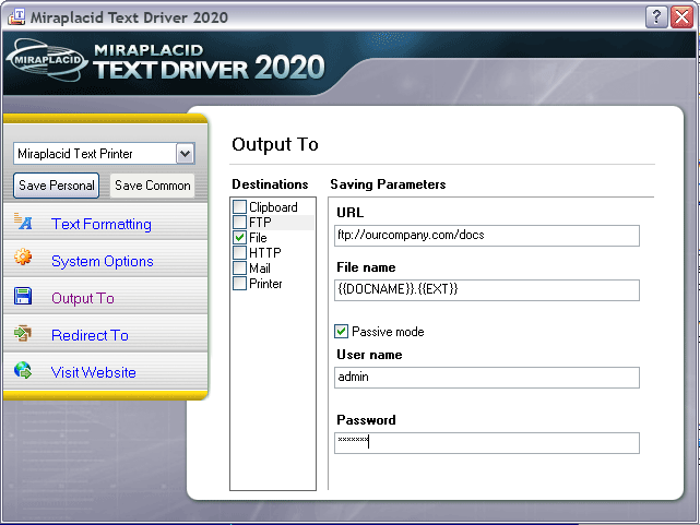 Miraplacid Text Driver Output To: FTP