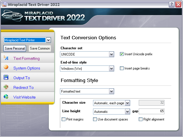 Miraplacid Text Driver Settings Dialog